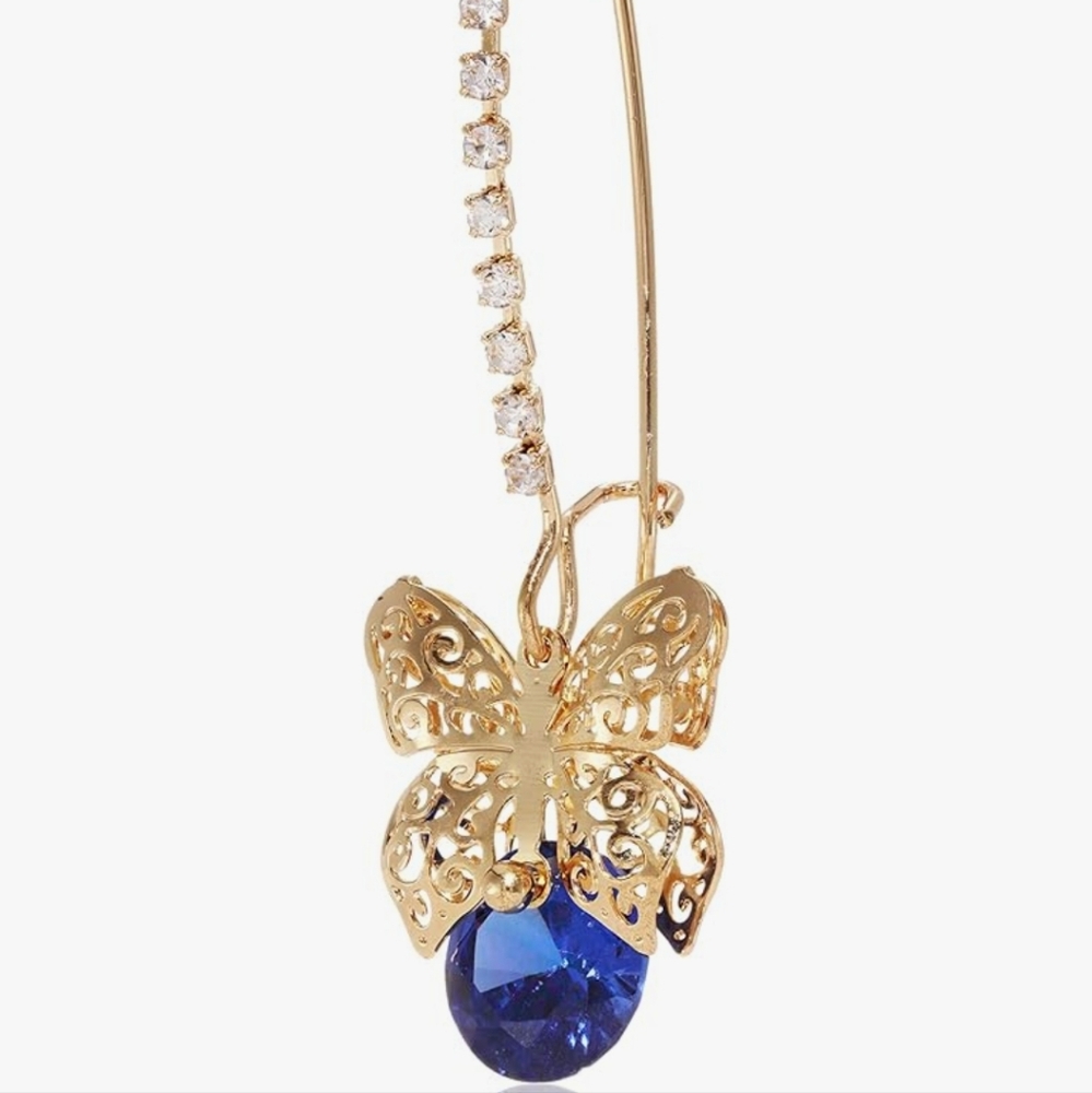 Betsey Johnson Gold Tone Filigree Butterfly‎ with Blue CZ Drop Earrings